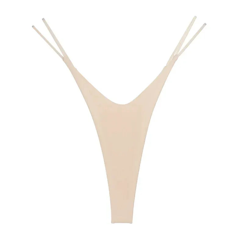 Beige cotton thong for women featuring a high-cut G-string style with double side straps.
