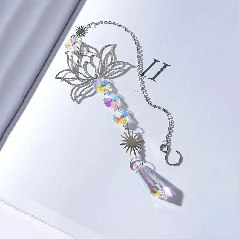 Metal Lotus Suncatcher Charm with Artificial Crystals Handmade Wind Chime Pendant for Home Garden Decoration