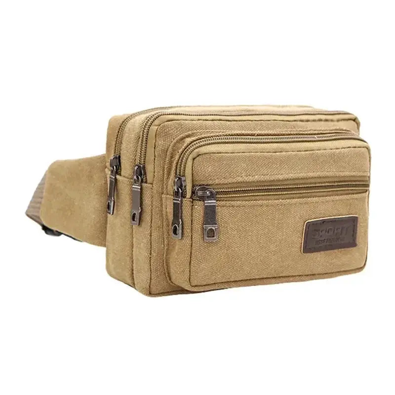 Canvas waist bag in tan with multiple zip pockets; Simples Market label.