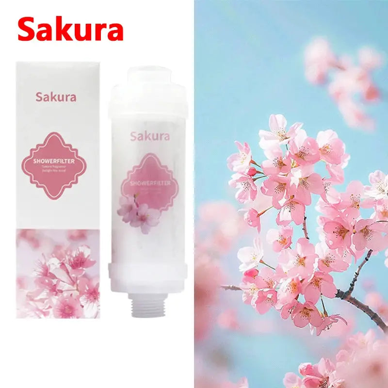 Shower filter cartridge by Sakura, white bottle with pink label, packaging box and cherry blossom artwork