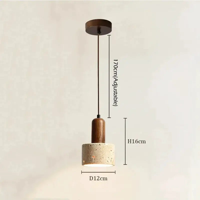Wabi Sabi travertine droplight pendant lamp with wooden stem and yellow marble shade, adjustable cord, Simples Market