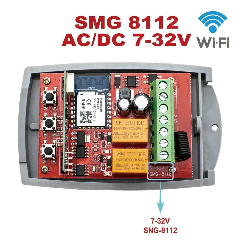 Smart WiFi door/garage receiver board with 2-channel relay and 7-32V input (SMG-8112)