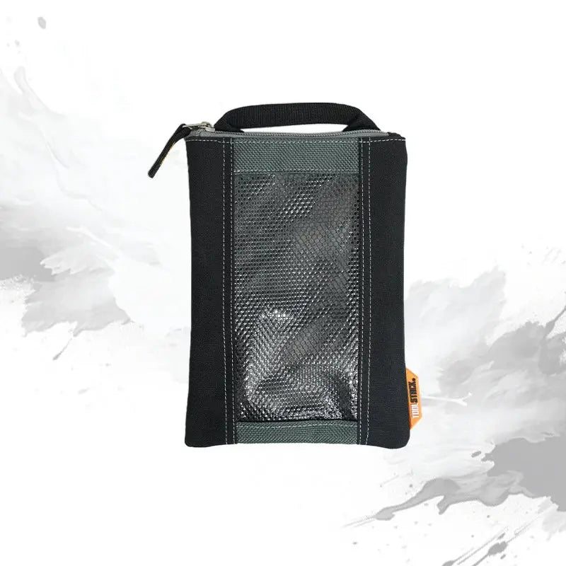 TOOLSTACK fastener bag by Simples Market, black nylon storage pouch with gray mesh panel and carry handle
