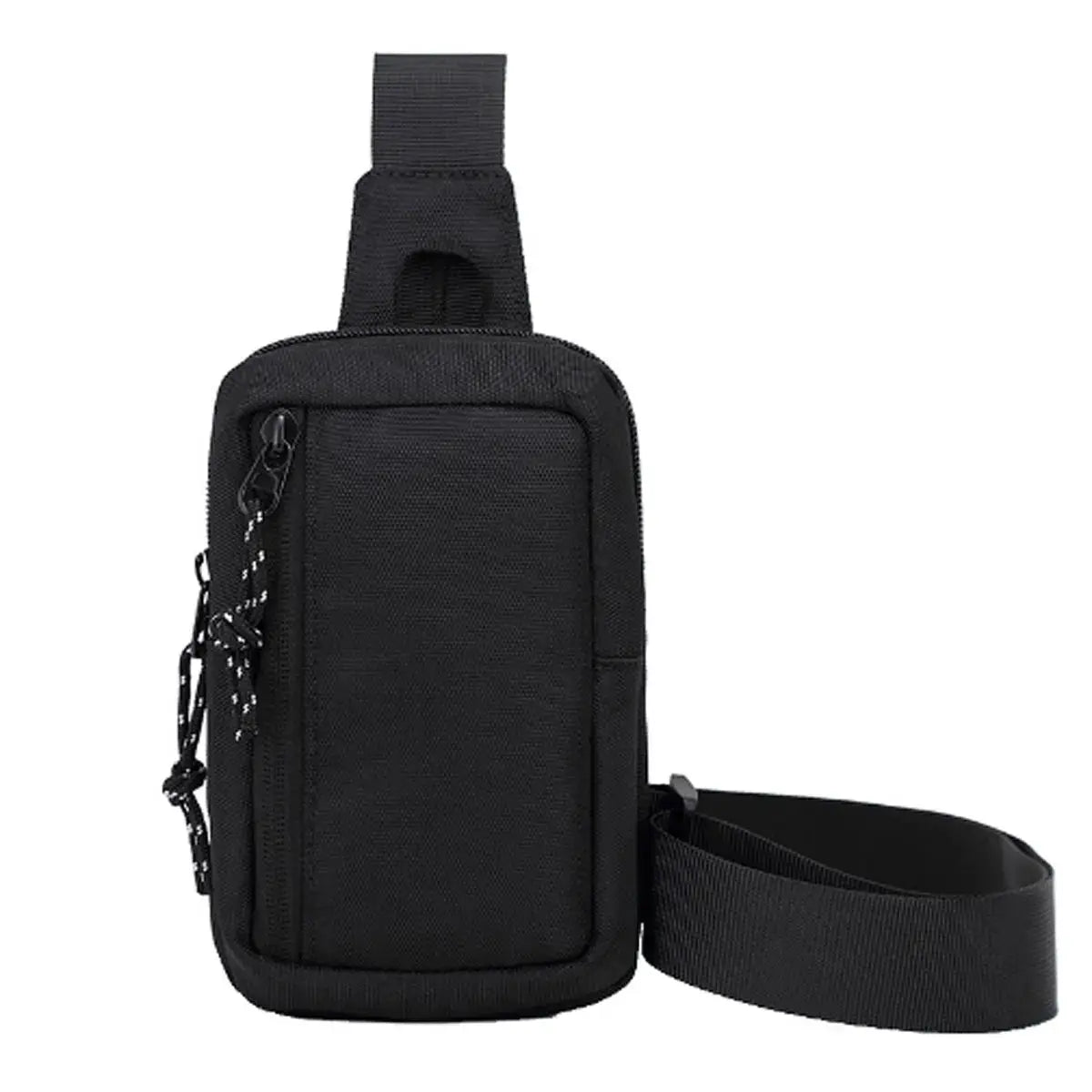 Men's black Oxford-style small crossbody bag by Simples Market with adjustable strap and front zip pocket