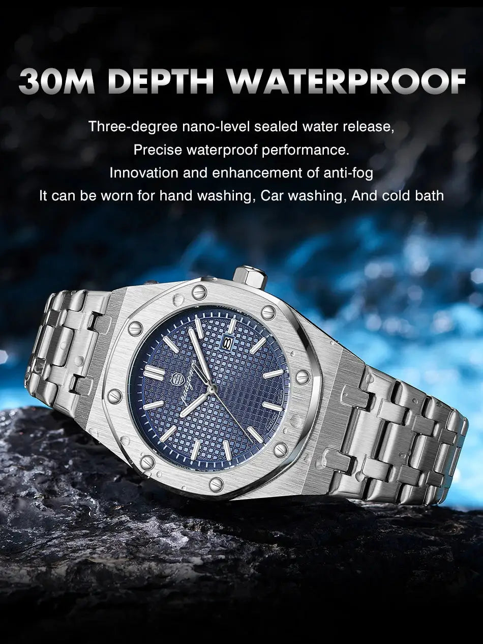 PAAZOMU stainless steel men's quartz watch with blue dial, date window, luminous hands, 30m water resistant