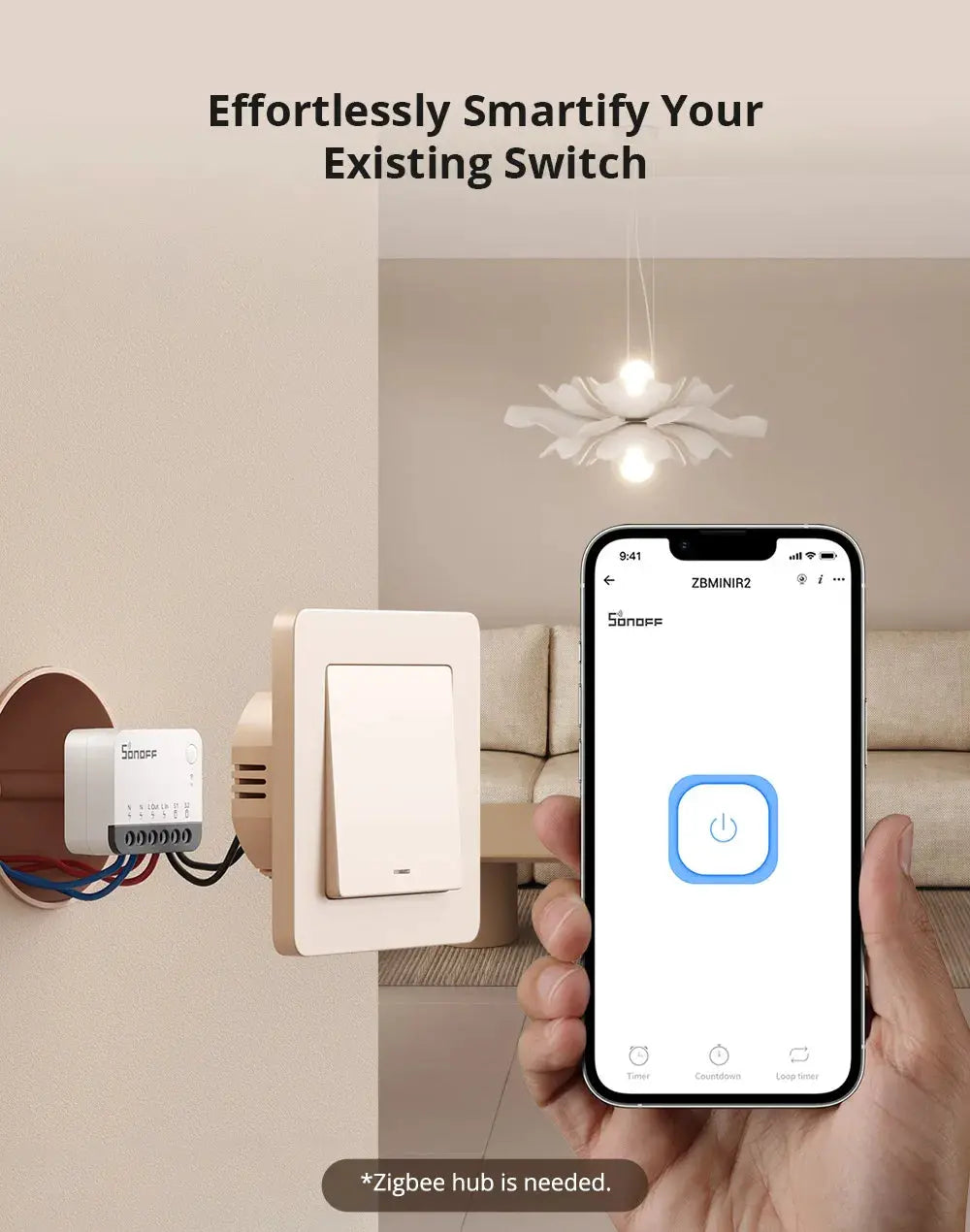 SONOFF ZBMINIR2 Zigbee smart switch with detachable relay and external wall switch, white