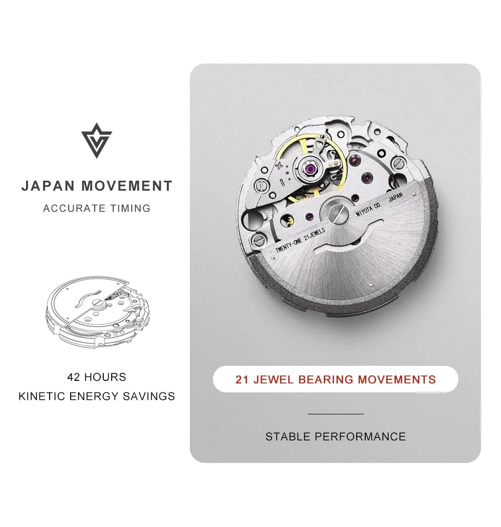 CADISEN 2026 men's mechanical watch movement close-up with Miyota 8215 movement and silver gears