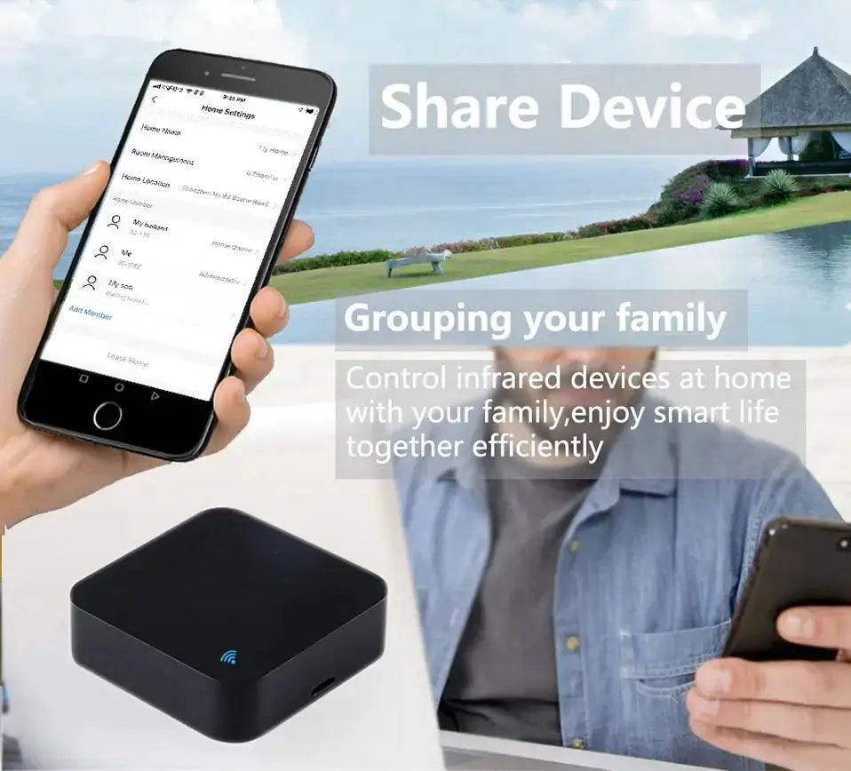 Simples Market Tuya WiFi IR remote, black compact square with temp/humidity sensor (Google Assistant/Alexa).
