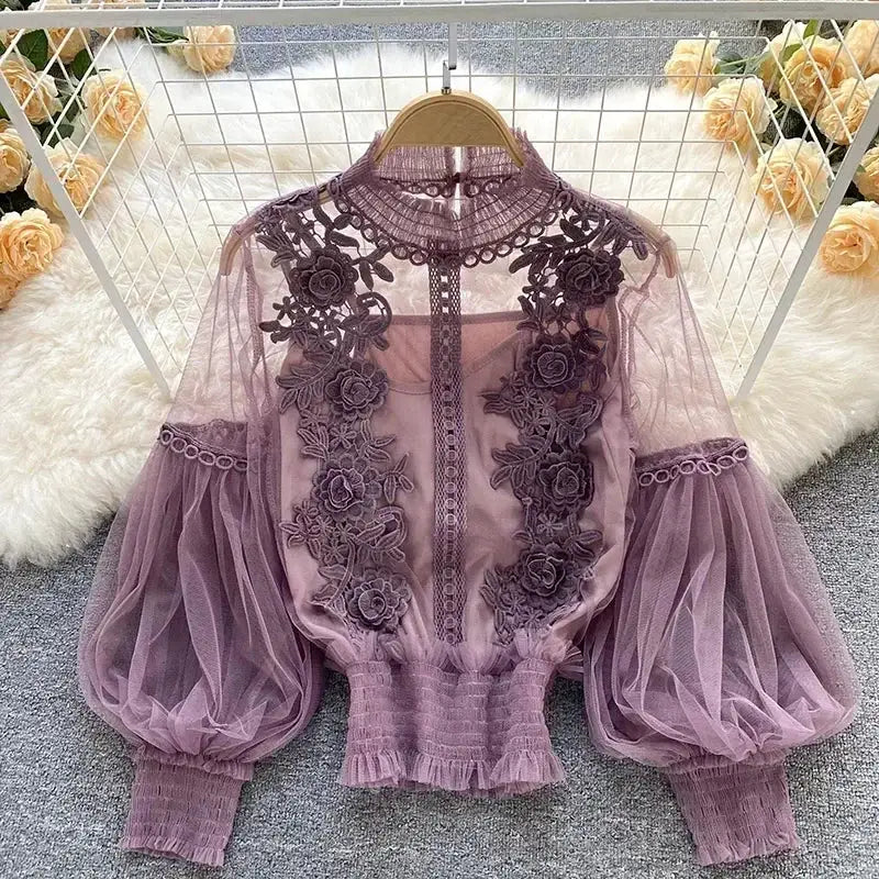 Lace Puff Long Sleeve Blouse in lavender sheer mesh with floral embroidery and puff sleeves