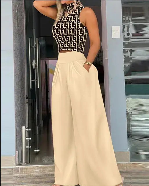 Summer Print Two Piece Set Women Sleeveless Tank Top Wide Leg Pants
