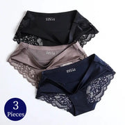Three-piece women's lace underwear set in black, taupe, and navy satin with floral lace trim