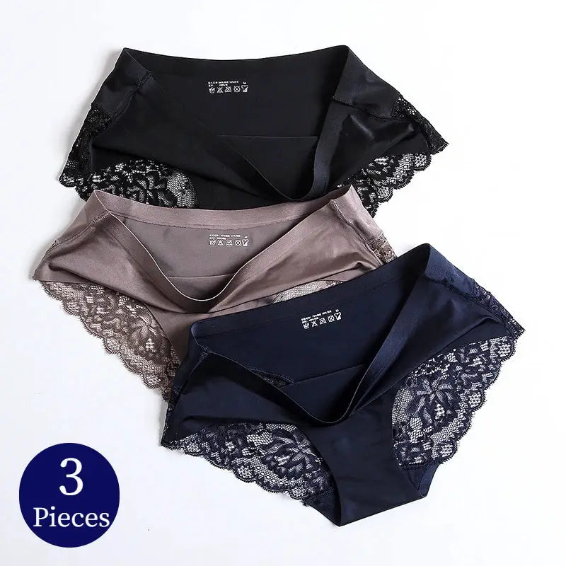 Three-piece women's lace underwear set in black, taupe, and navy satin with floral lace trim