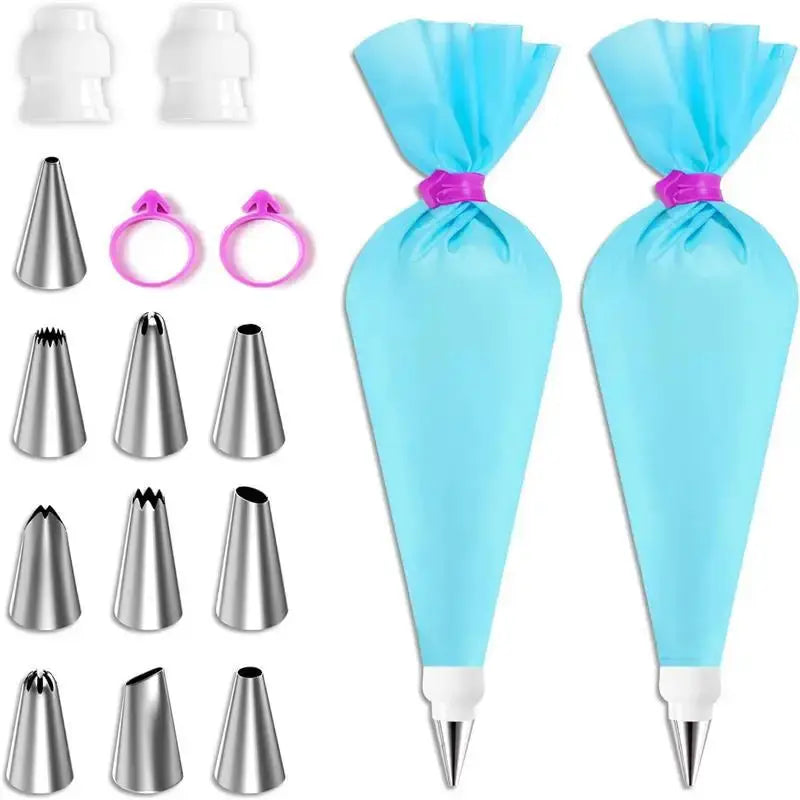 Silicone Piping Bags And Tips Set For Cake Decorating Reusable Pastry Tool With Stainless Steel Nozzles