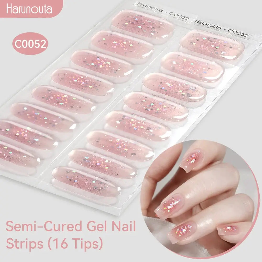 Semi-cured gel nail strips gradient auroras with pink glitter, 16 tips, Harunouta UV/LED compatible