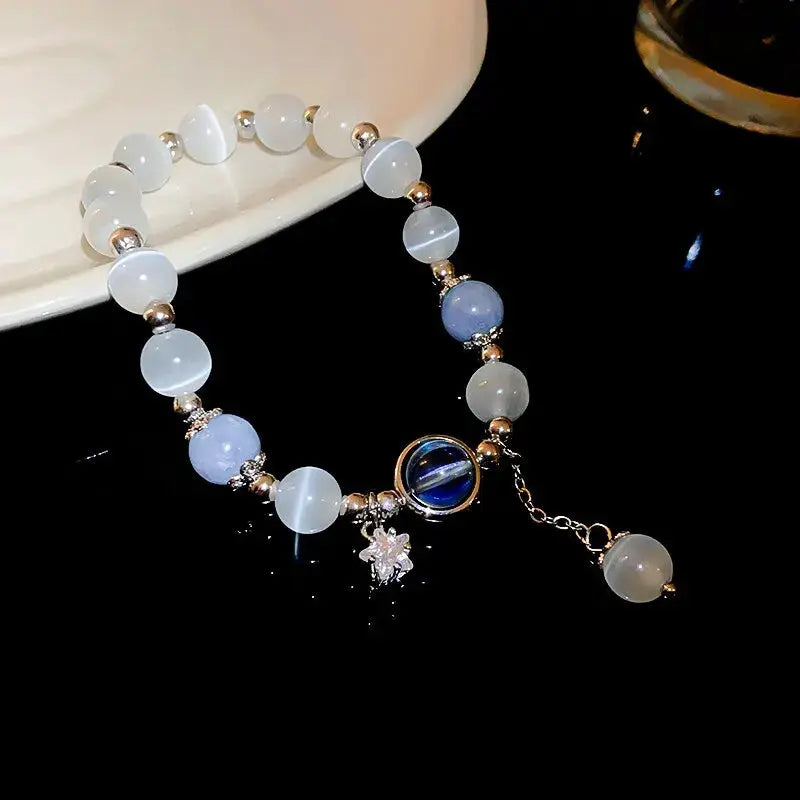 Opal stone bracelet for women with moon star crystal charms, blue-purple beads, 18.6cm