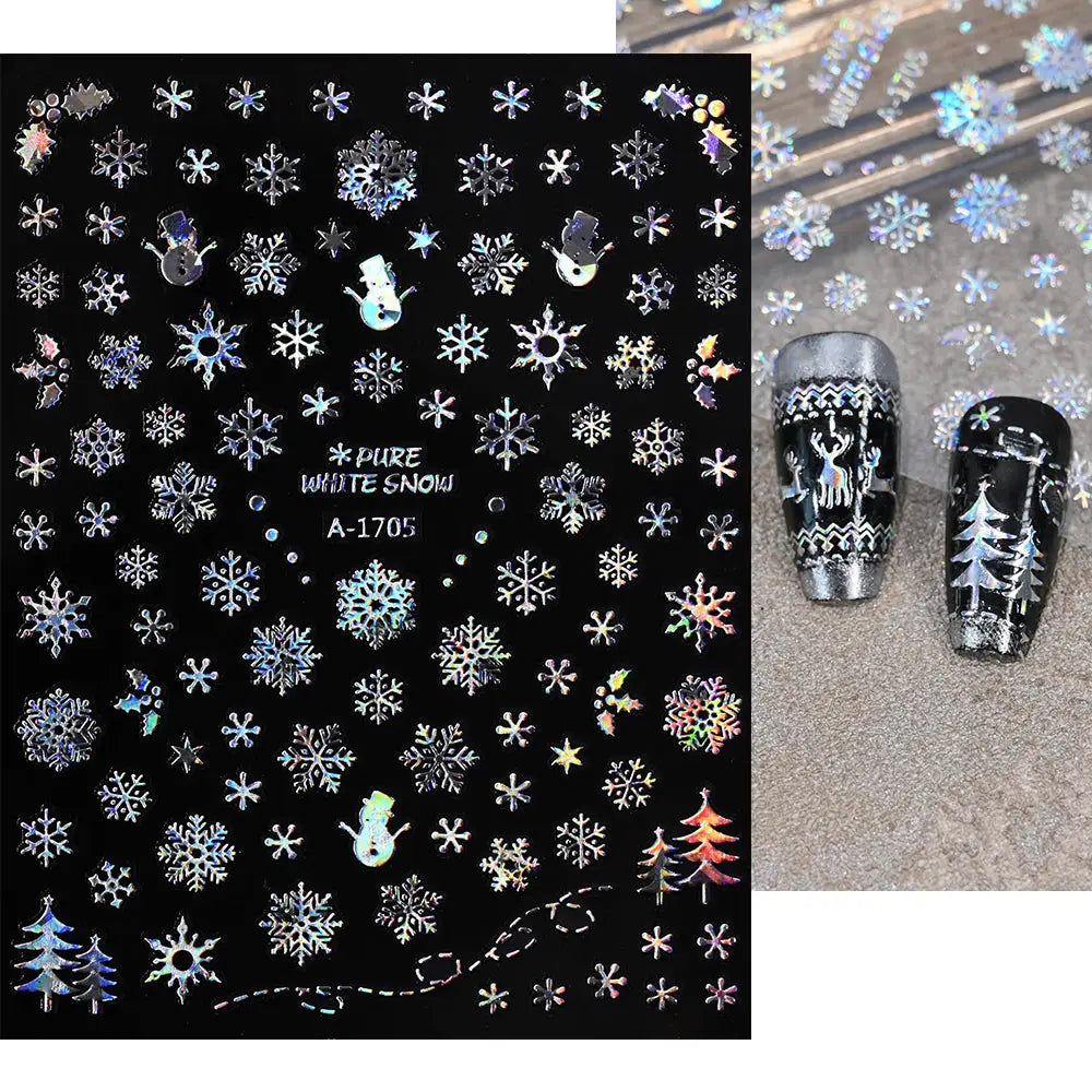 Winter Christmas nail sticker set by Simples Market with snowflakes, snowmen, trees and wapiti; self-adhesive holographic decals.