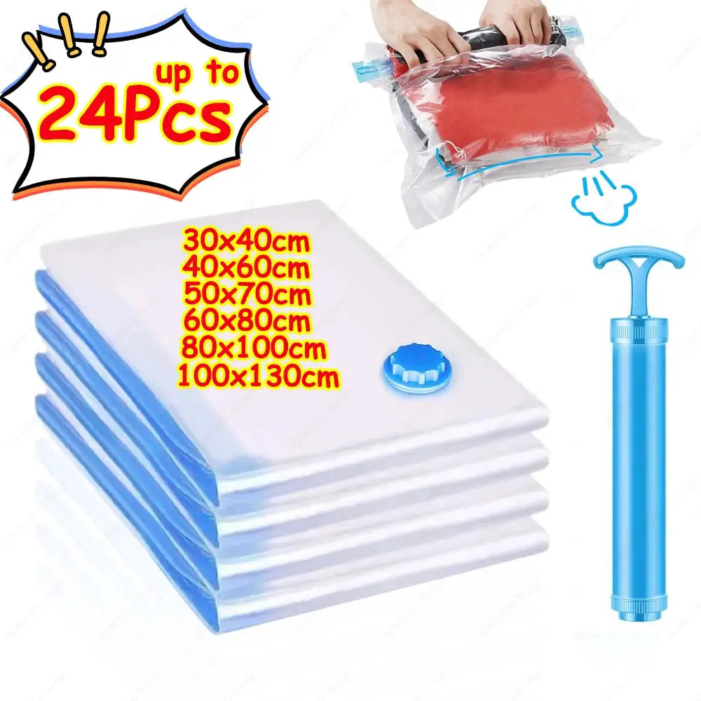 1 To 24 Pcs Reusable Vacuum Storage Bags With Hand Pump For Clothes And Travel Space Saving Clear Folding Bags