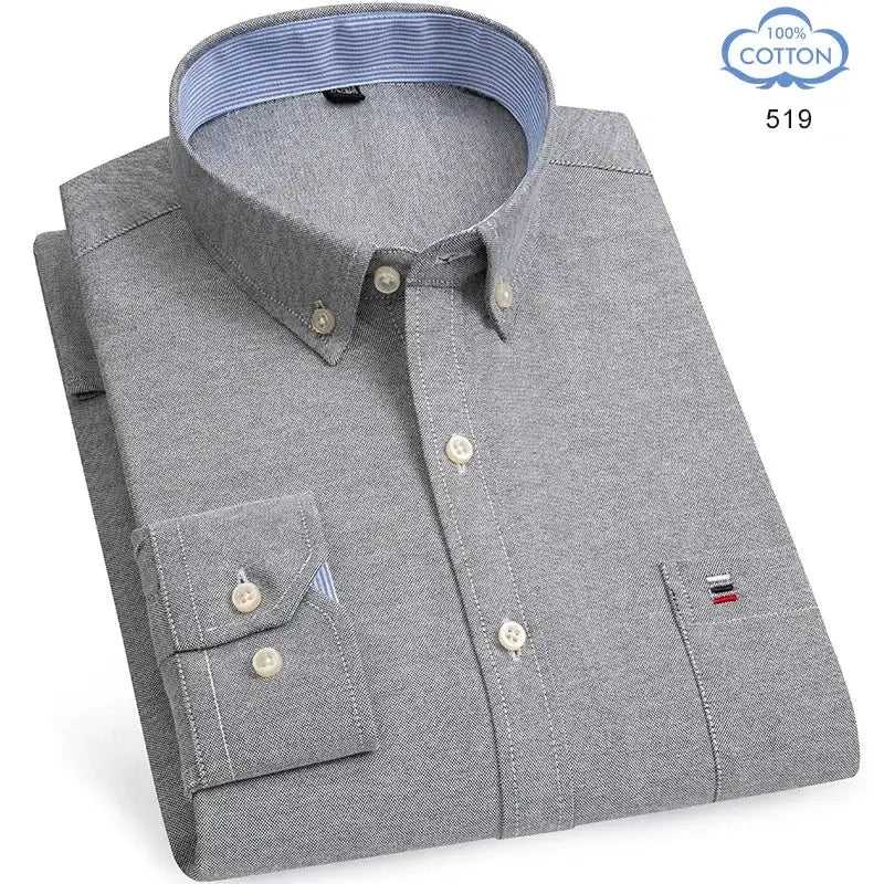 Simples Market 100% cotton oxford shirt for men, long sleeve, grey with blue striped collar