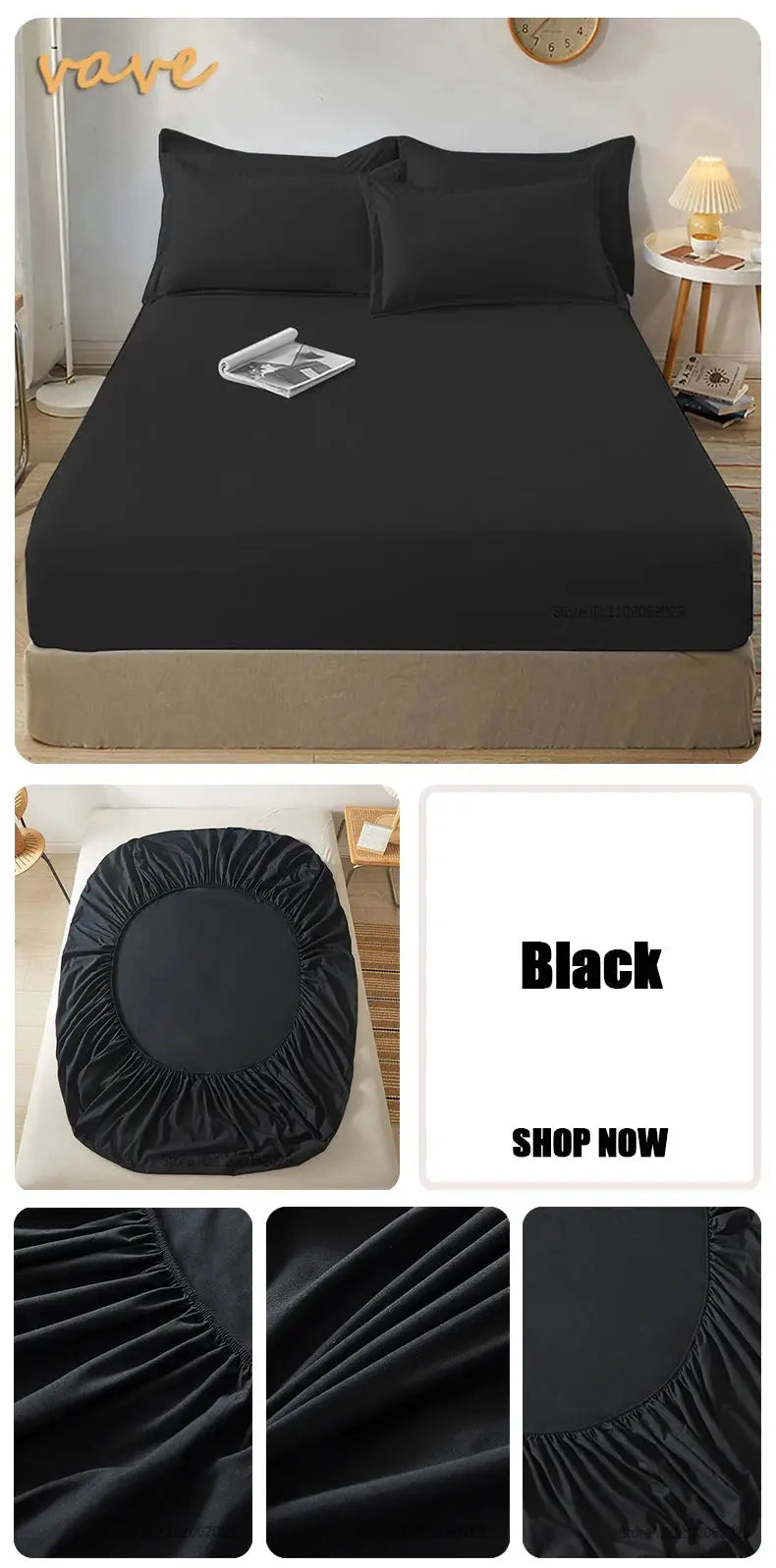Full-size black cotton fitted sheet with elastic edges on a bed