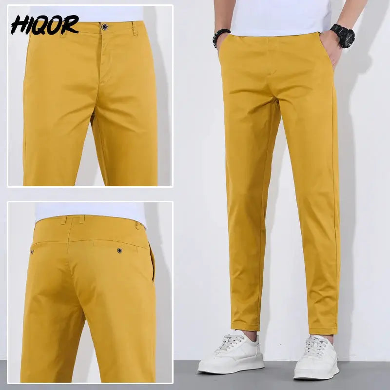 HIQOR men's mustard yellow cotton pants, Simples Market; full-length front view with waist and back-pocket details