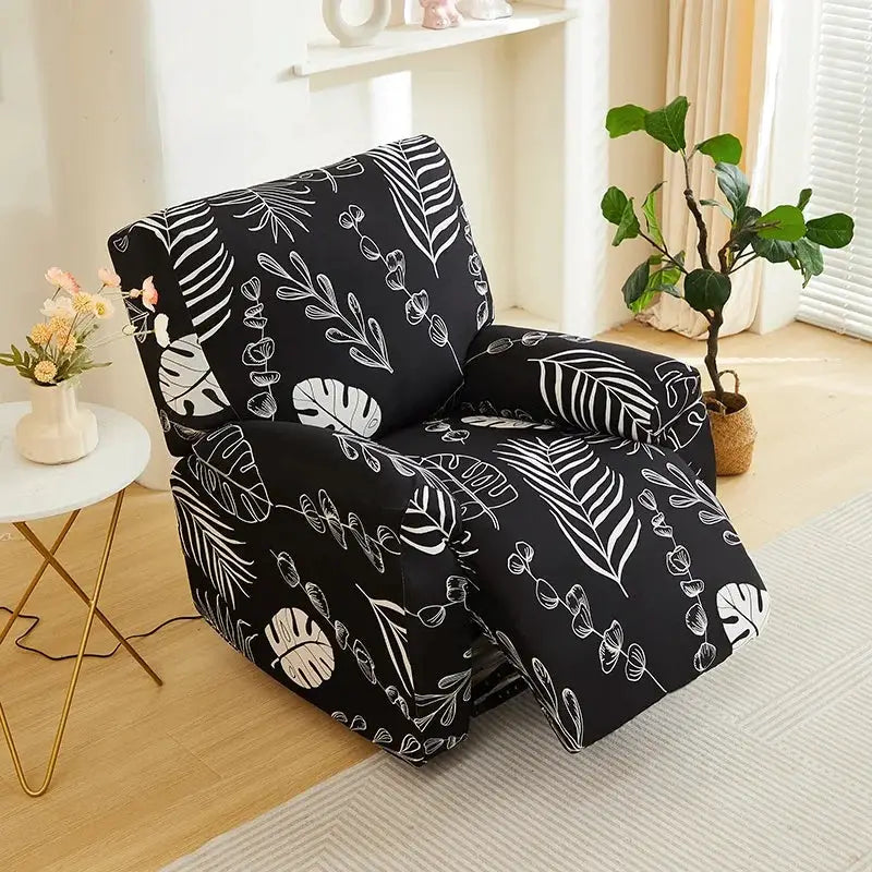 Elastic recliner sofa cover in black with white botanical print by Simples Market.