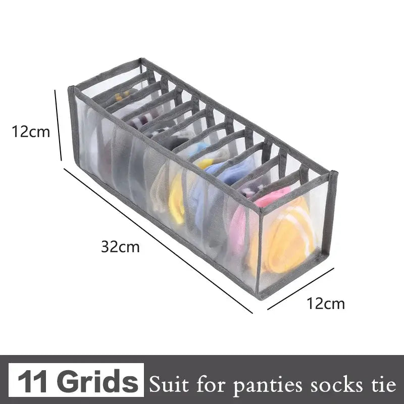 Sports underwear organizer box by Simples Market, gray mesh with 11 compartments for panties and socks, 32x12x12 cm.