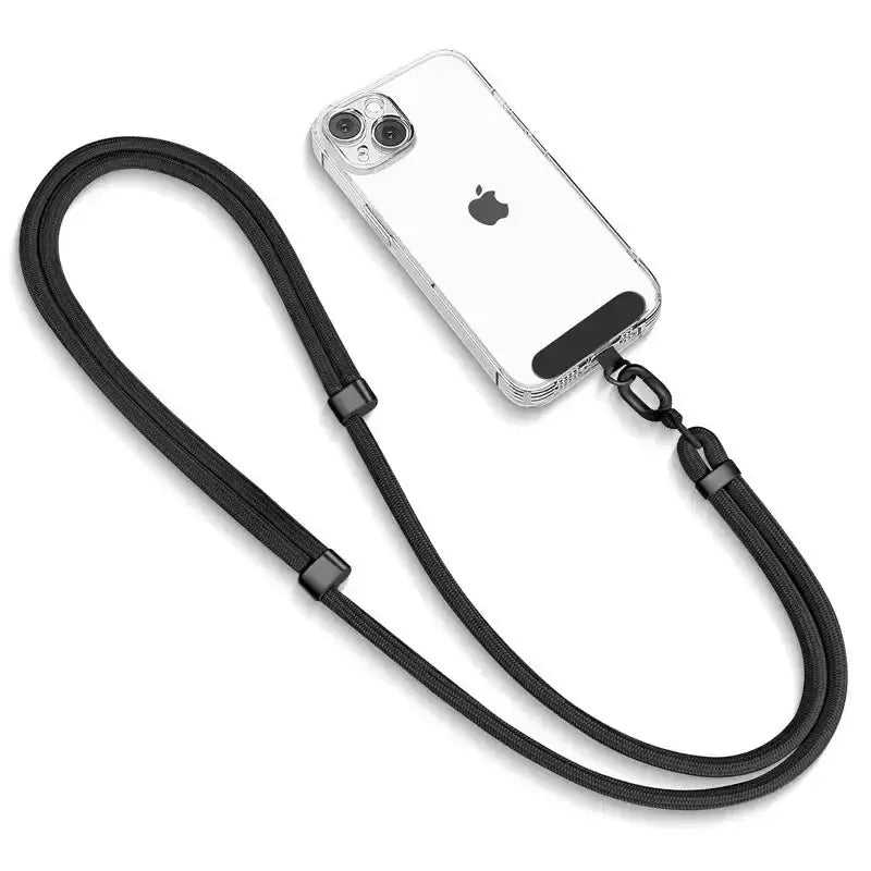 Universal adjustable black nylon phone lanyard with clips for durable crossbody use with phone case