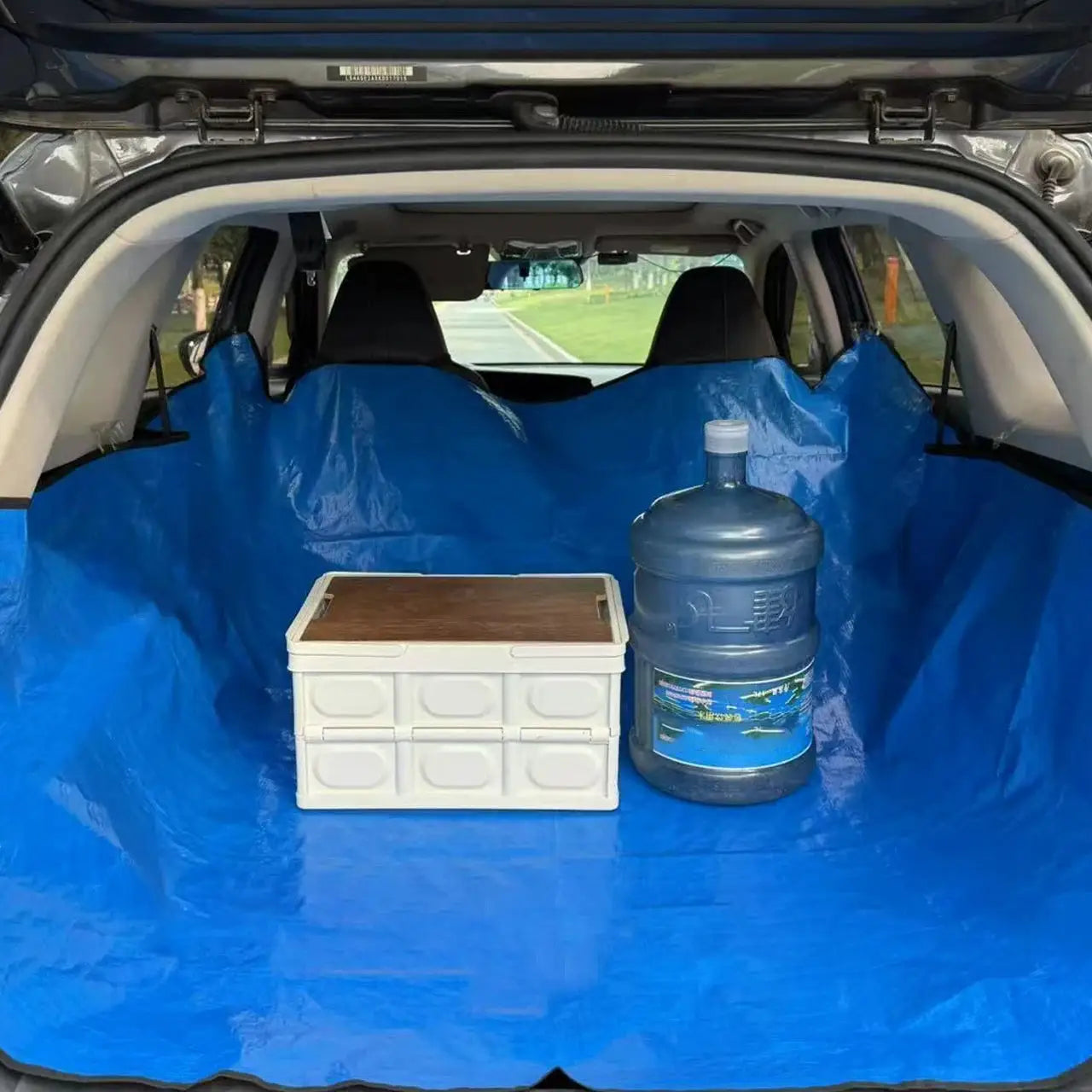 Simples Market universal car trunk mat, blue waterproof cargo liner; 2 items in the trunk