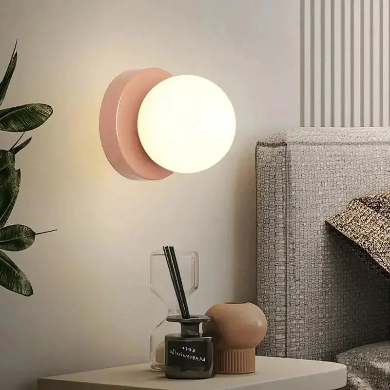 Nordic Macaron LED Wall Lamp pink backplate with white glass globe, 10cm mini wall sconce