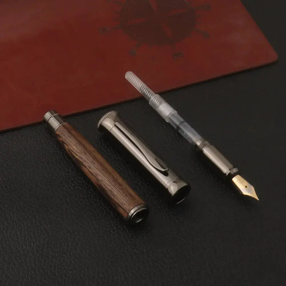 3pc wood fountain pen parts with tiger-skin pattern body and gun-grey metal accents, Simples Market