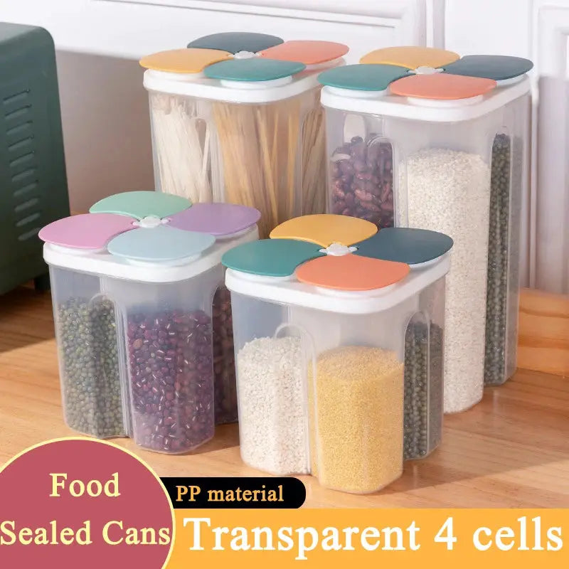 KitchenKeeper Four Grid Cereals Storage Box Moisture Proof Sealed Food Container Keeps Fresh