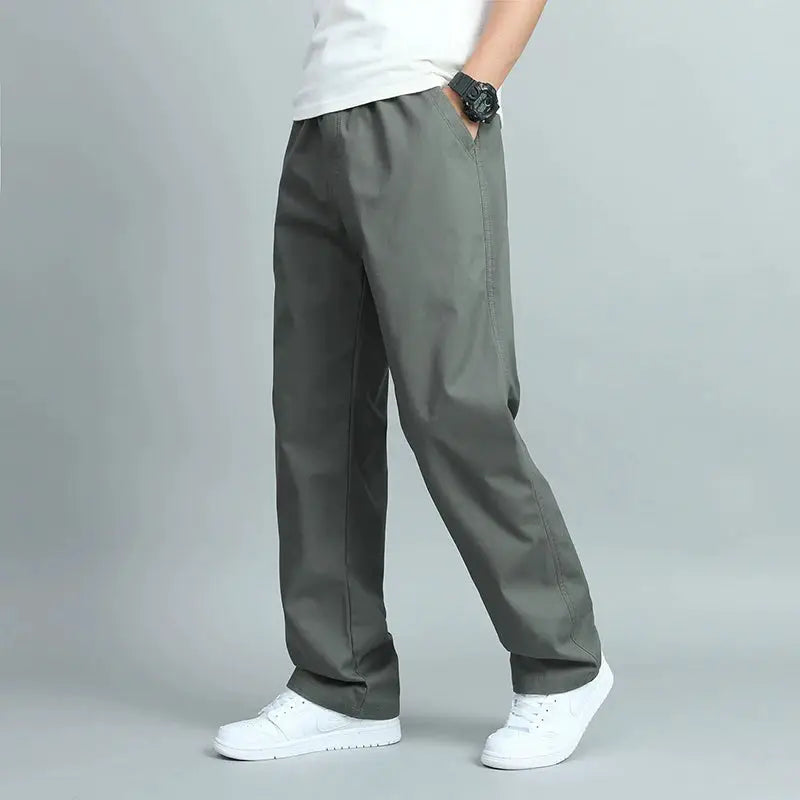 Big size men's cotton casual trousers, loose straight fit with multiple pockets in gray