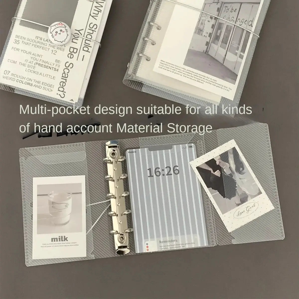 Three-fold PP notebook cover with diagonal pattern, card/photo pockets, and ring binder by Simples Market