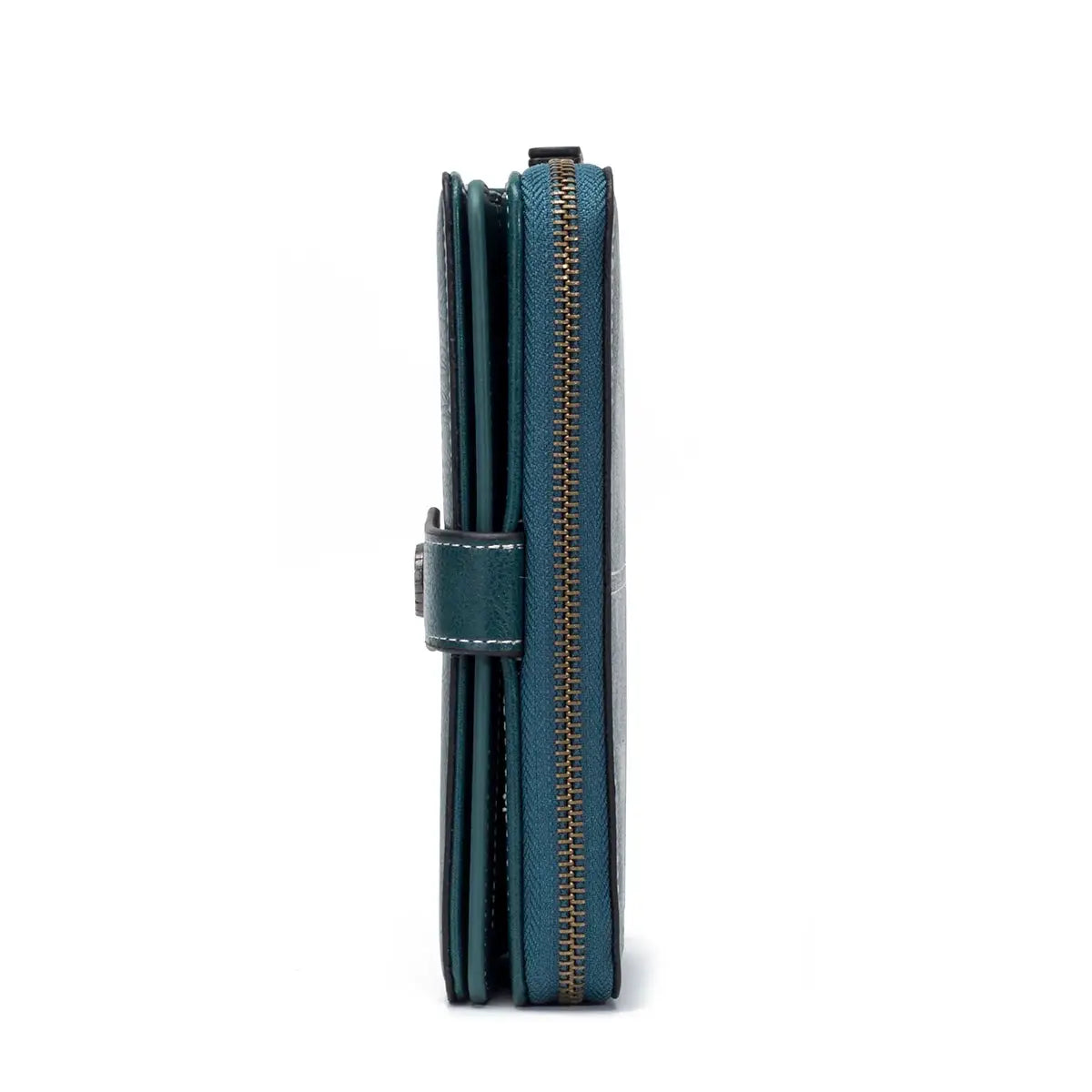 RFID leather wallet clutch in teal oil-waxed leather with zipper and multiple card slots.