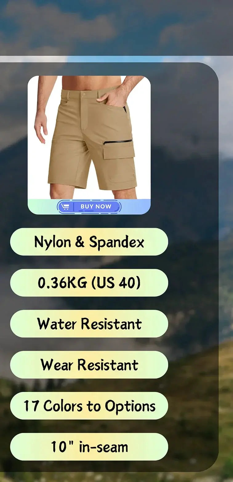 Men's tan cargo shorts with multiple pockets and a zippered side pocket