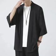 Men's black lightweight kimono cardigan by Simples Market, open-front with 3/4 sleeves