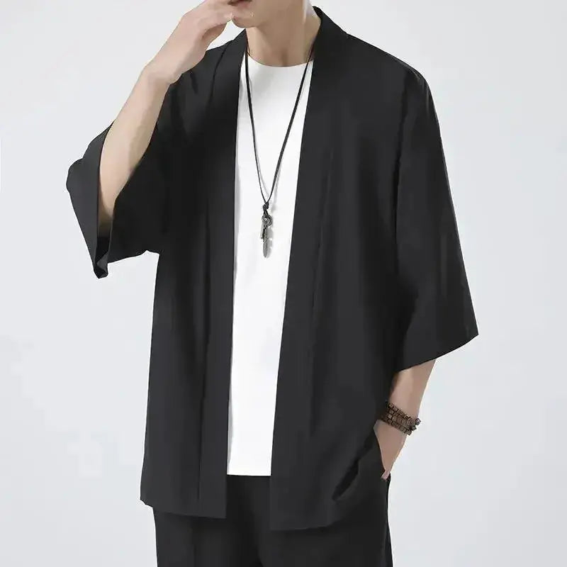 Men's black lightweight kimono cardigan by Simples Market, open-front with 3/4 sleeves