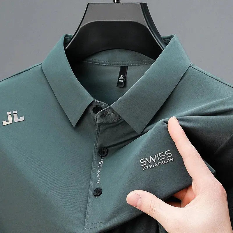Mens Business Casual Short Sleeve Polo Shirt With Badge Solid Color Breathable Comfortable Versatile Top