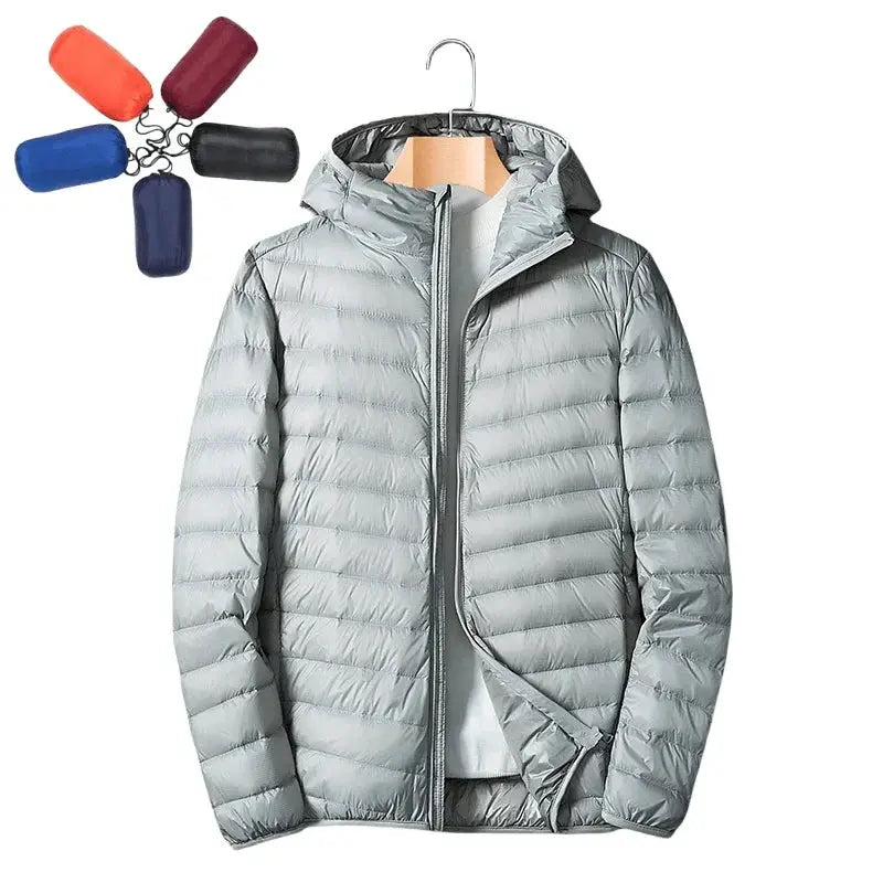 UETEEY men's ultralight hooded down jacket in light gray, packable windproof coat