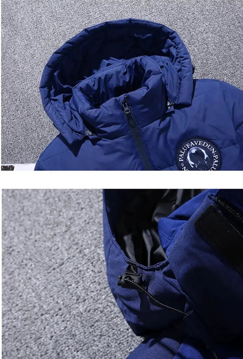 Down jacket, navy blue, hooded, padded winter coat with zip front and circular logo patch