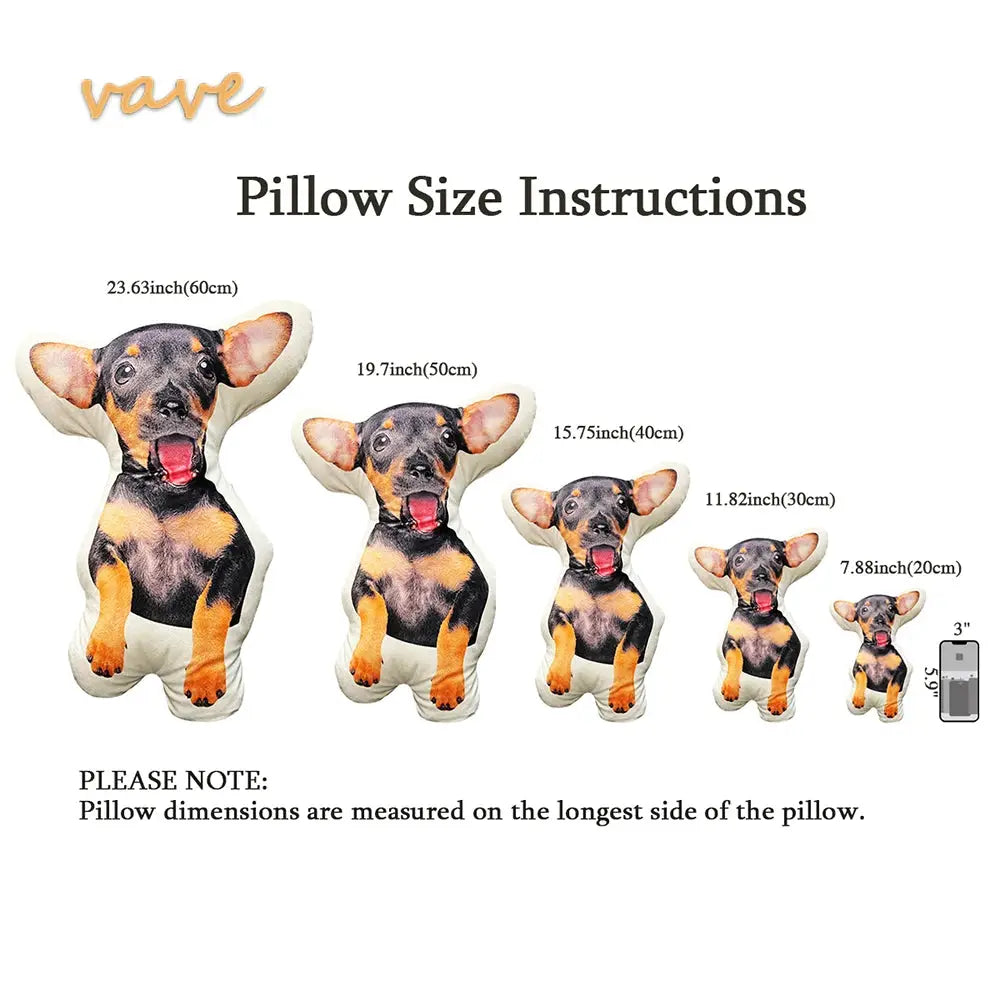 Dog-shaped photo pillows with a printed dog image in multiple sizes (60cm to 20cm) for sofa or car cushions