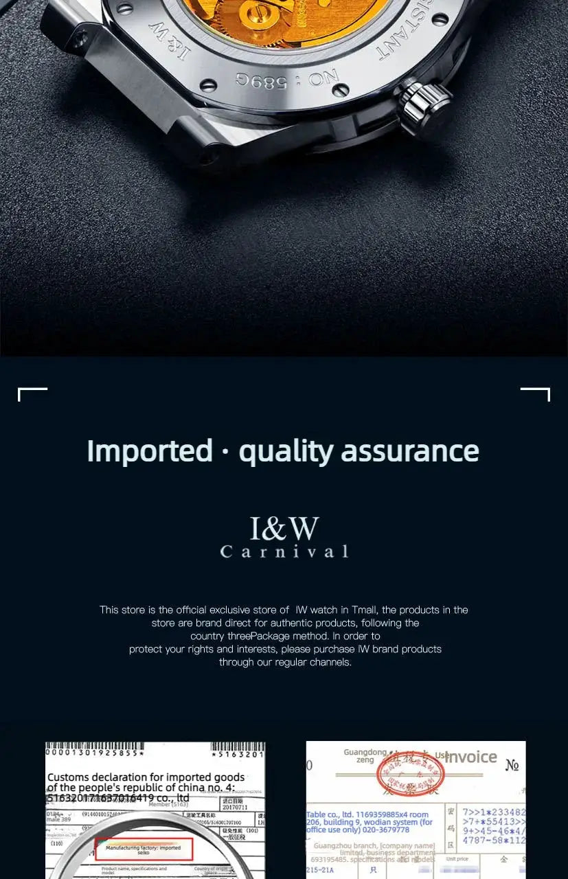 Men's Carnival IW luxury sapphire mechanical watch; stainless steel case back, automatic movement, 50M water resistant.