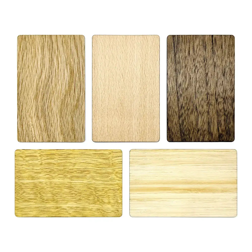 Five wooden hotel RFID access cards with NFC 13.56MHz in light, medium, and dark wood tones