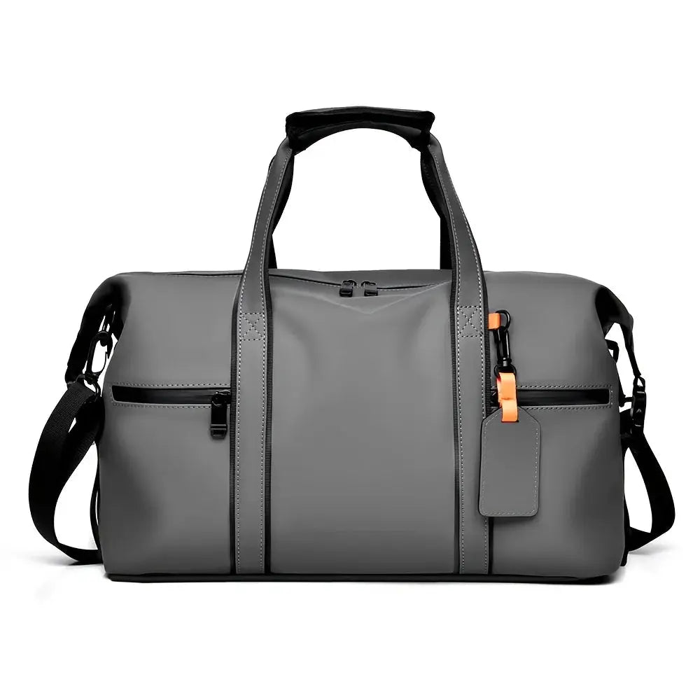 Large capacity travel duffel bag by Simples Market, gray with dual handles and adjustable shoulder strap