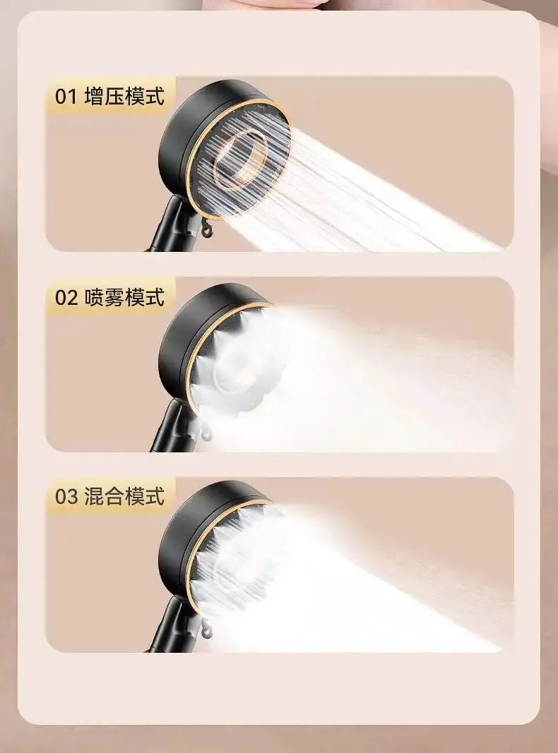 Simples Market three-mode adjustable shower head with one-key stop, black with gold ring, high-pressure spray