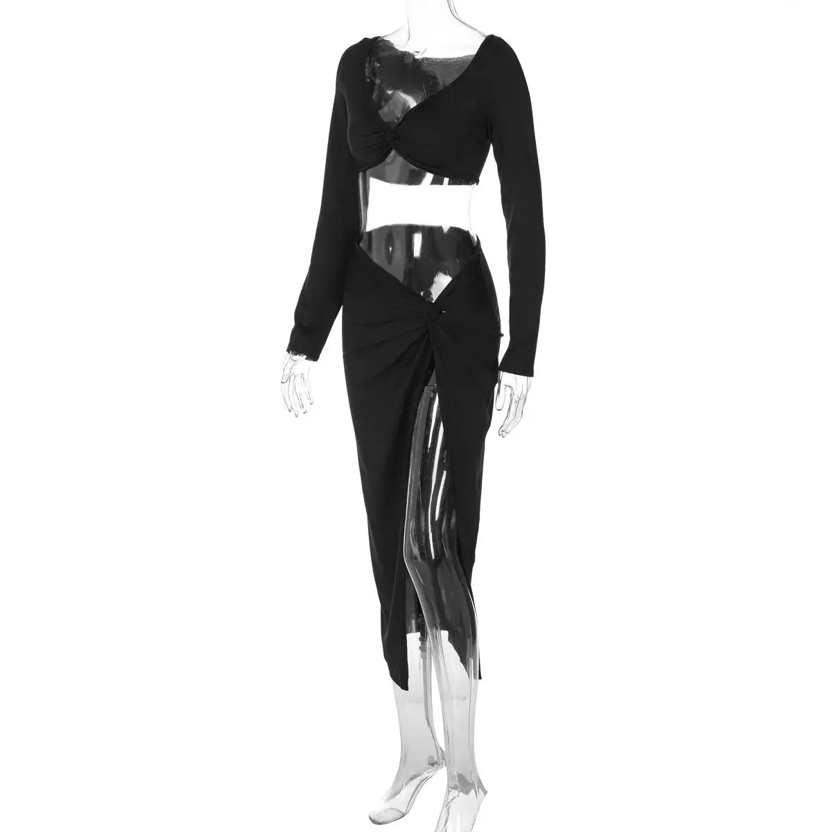 Ruched Long Sleeve Cropped Top And Asymmetric Split Skirt Coords Set