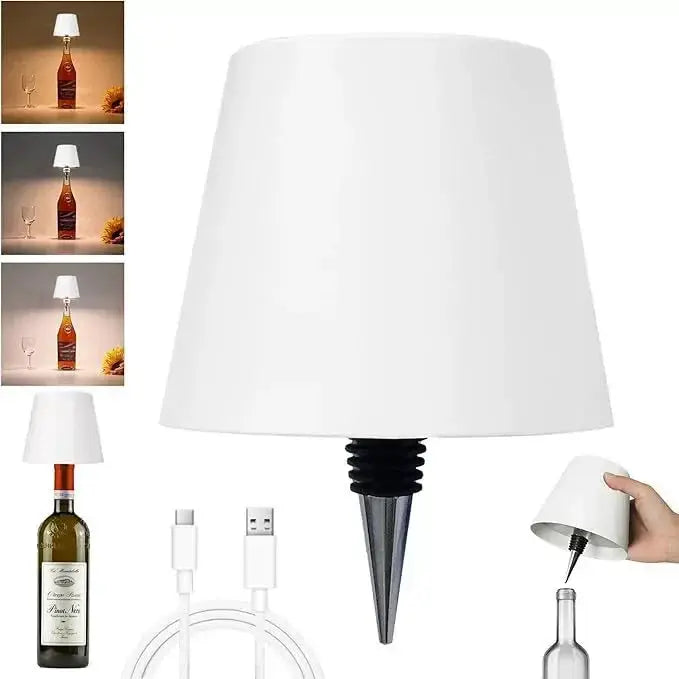 Lampe de table en forme de bouteille sans fil avec abat-jour blanc et socle métallique; commande tactile, USB inclus
