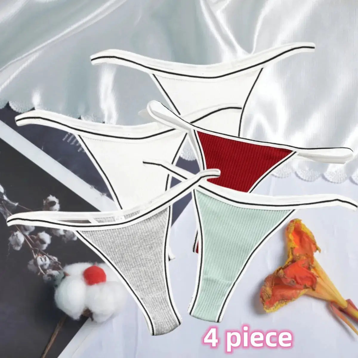 Women's cotton thong underwear set, seamless low-rise G-strings, 4-piece in white, red, gray, mint green