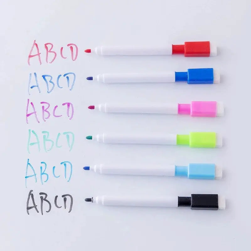 6-pack whiteboard markers with built-in erasers in red, blue, pink, neon green, light blue and black
