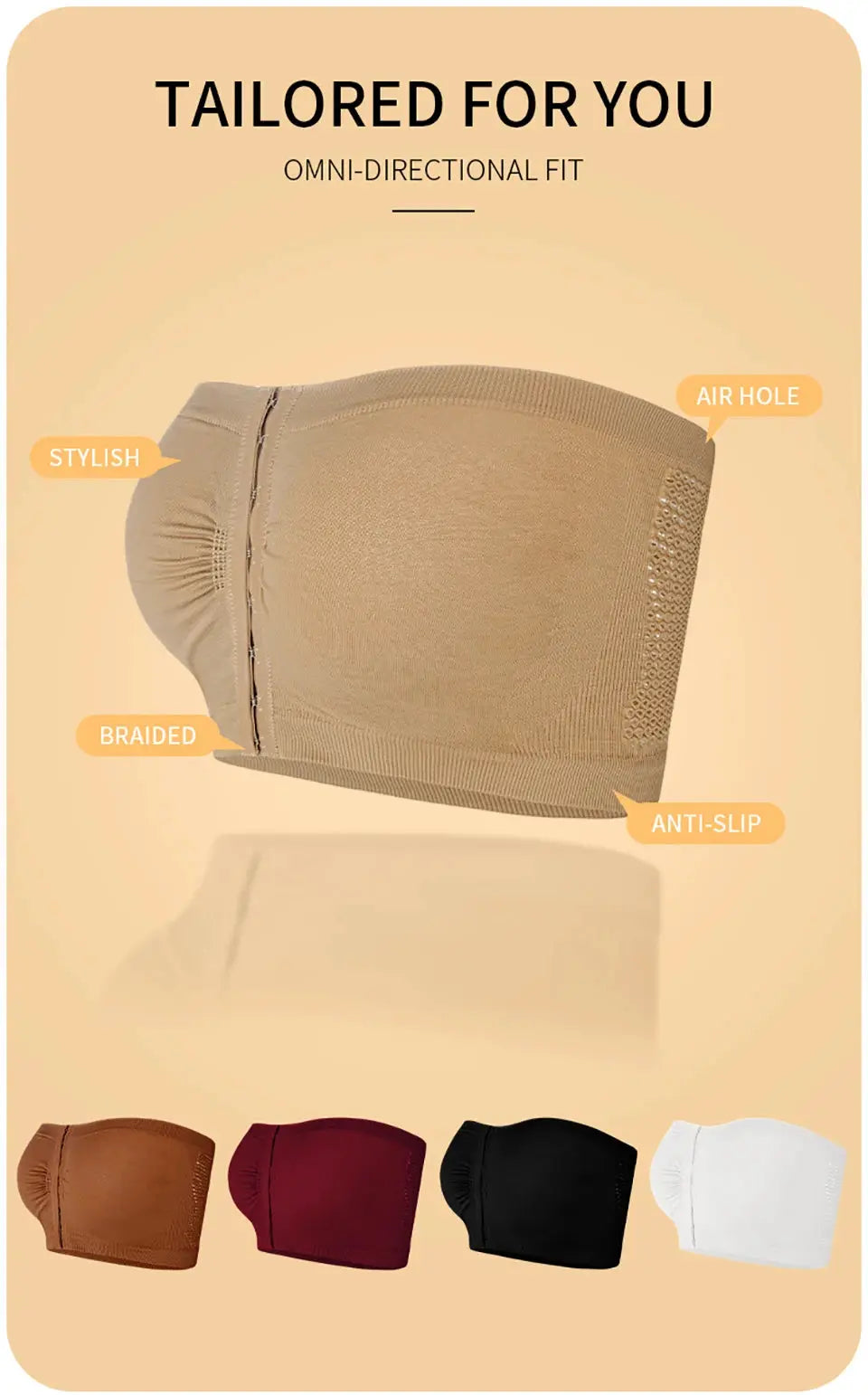 Women's plus-size strapless bandeau bra by Simples Market, tan seamless wireless bralette with anti-slip band